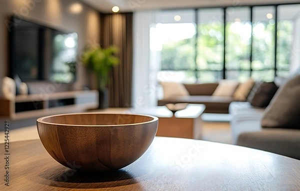 Obraz Blurred living room interior with a wooden table for product display in the foreground, a blurred background of modern home decor and furniture, including a sofa, TV stand, and window