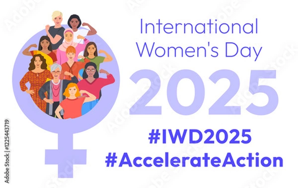 Obraz Accelerate Action campaign pose. International Women's Day 2025. Diverse women demonstrate strong arm with clenched fist to show solidarity and support in the fight for women's rights, gender equality