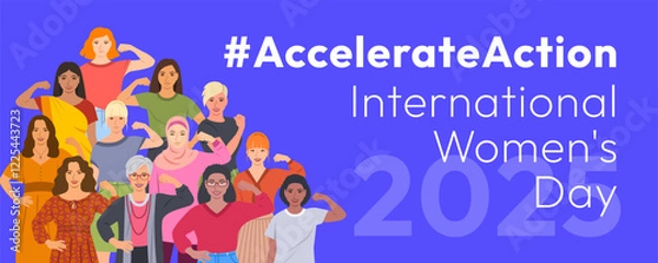 Obraz Accelerate Action campaign pose. International Women's Day 2025. Diverse women demonstrate strong arm with clenched fist to show solidarity and support in the fight for women's rights, gender equality