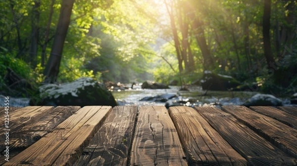 Fototapeta Wooden table top with blurred stream and forest background for product display or design layout with space for text.
