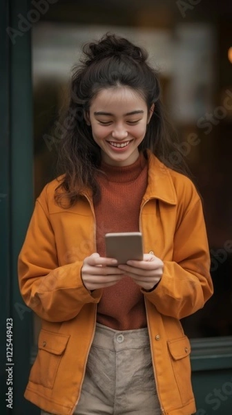 Fototapeta Young woman sending a message with the mobile