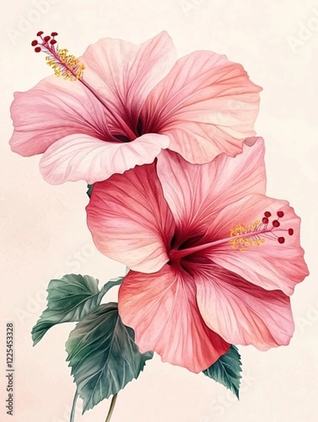 Fototapeta Two pink hibiscus flowers with green leaves on a light background in a painted style