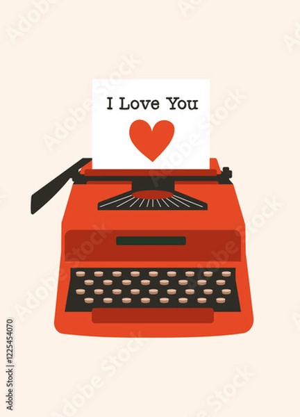 Fototapeta I Love You Valentine's Day greeting card. Red retro typewriter with a sheet of paper and an inscription on a light background. Valentine's day, February 14, love concept. Vector drawings for postcard.