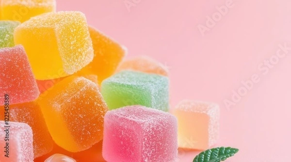 Obraz Colorful assorted sugar coated jelly candy cubes on pink background.