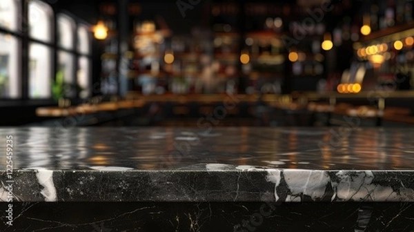 Fototapeta Mockup of black marble bar counter with product placement on dark, blurred restaurant background.