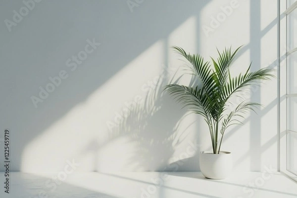 Fototapeta Bright indoor space featuring a potted palm plant casting shadows on a white wall with sunlight