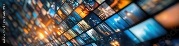 Obraz Numerous colorful panels showcase various media content in a contemporary setting, highlighting the dynamic nature of digital streaming experiences during a lively viewing session