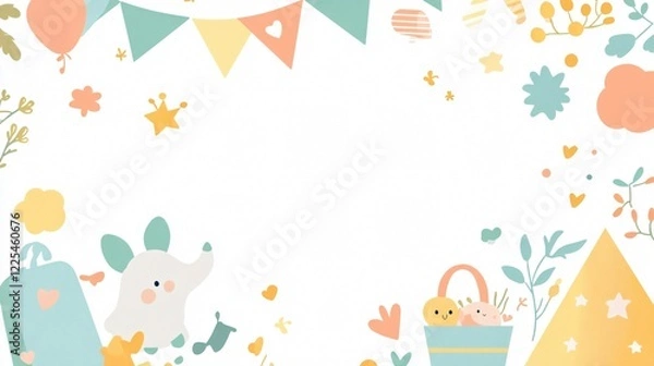 Fototapeta Adorable Baby Shower Card with Essential Items for Celebrating a Newborn, Featuring Cute Design Elements and Copy Space, Wide-Angle View