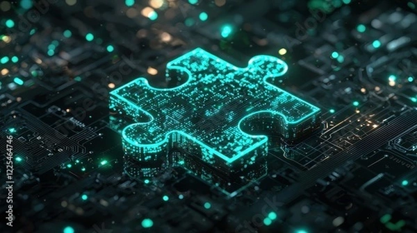 Fototapeta Glowing Teal Puzzle Piece on Circuit Board - Digital Solution Concept