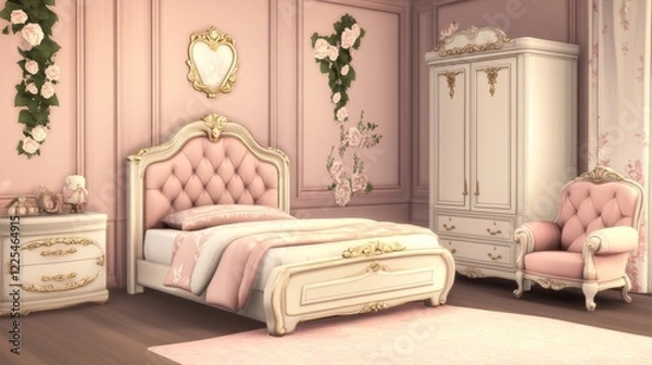 Fototapeta Princess bedroom furniture set, interior elements for vintage room. Elegant retro bed, cupboard, velvet armchair. Classic royal style feminine design for girl Cartoon vector isolated illustration