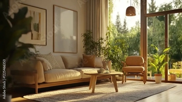 Fototapeta Sunlit Living Room With Modern Furniture and Plants