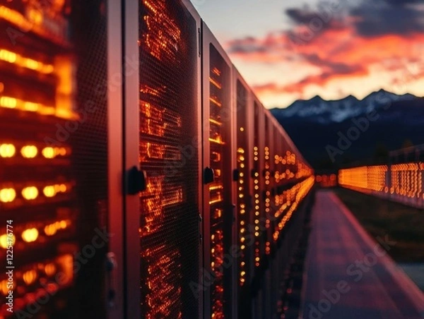 Fototapeta glowing cryptocurrency mining farm at sunset, rows of servers stretching to horizon with mountains in background, dramatic lighting