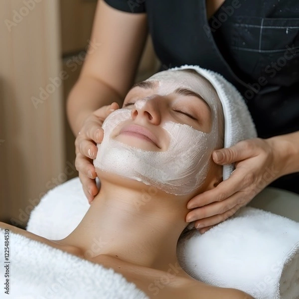 Fototapeta Spa facial mask application, relaxing treatment, salon background