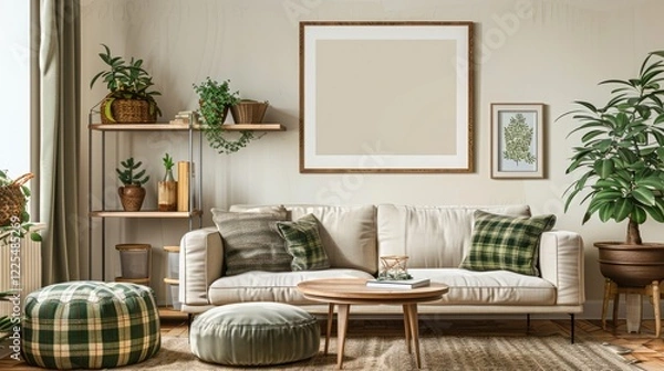 Fototapeta Inviting living room with beige sofa, wooden shelf, pouf, green plaid, coffee table, and boucle carpet. Beige wall with mock-up poster frame.