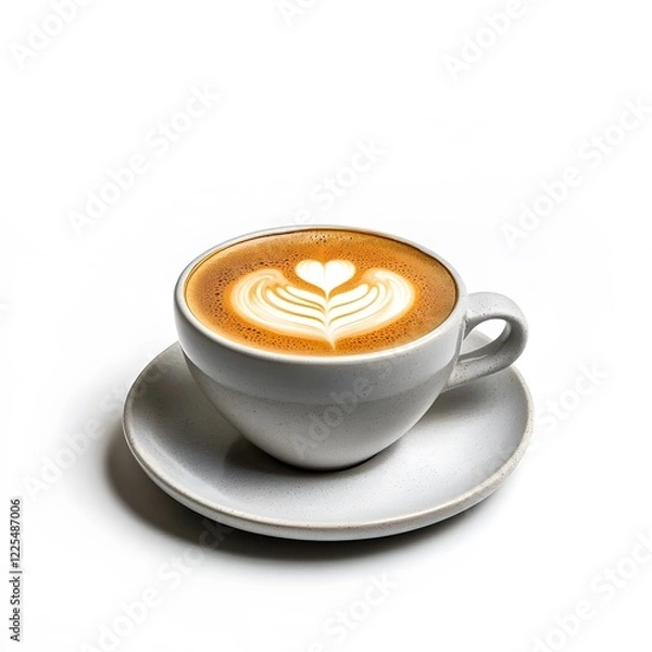 Fototapeta Coffee cup with heart shaped frothy latte art on a clean white surface isolated on a white background