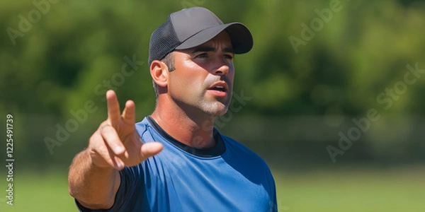 Fototapeta A coach giving signals to a batter from the third base line, his hands moving rapidly in focus.


