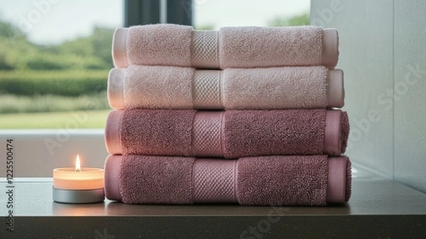 Fototapeta Stacked Towels with Candle in Modern Bathroom Setting