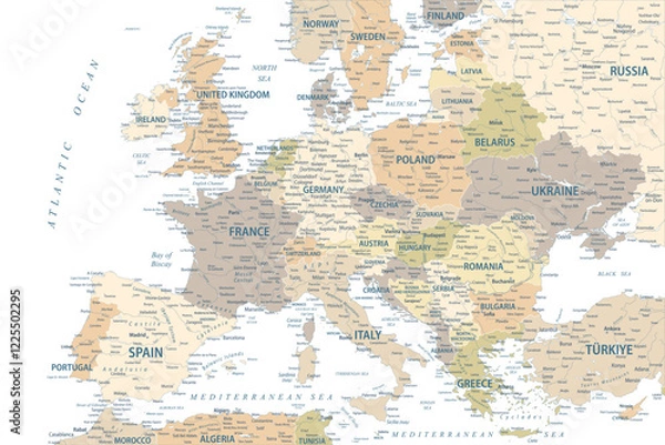 Obraz Mapa Europy Retro Pastel Vintage Ancient – ​​wektorowa kolorowa ilustracja z warstwami