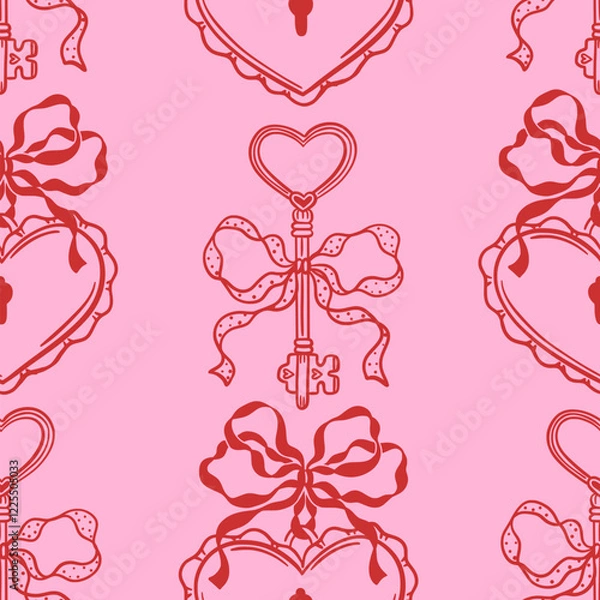 Fototapeta Seamless pink and red pattern with hand drawn heart shaped love lock and key, coquette whimsical bows. Romantic Valentines Day or wedding design. Vector background for wallpaper, textile, wrapping.