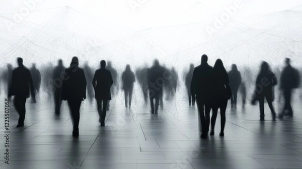 Fototapeta Silhouetted figures walking through a misty urban landscape with abstract lines in the background