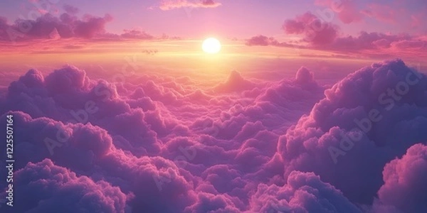 Fototapeta A serene sunrise above pastel clouds, radiating warmth and hope. Ideal for wellness, travel, and inspirational content.