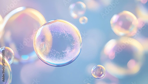 Fototapeta Macro shot of soap bubbles and foam on a blue background for a fresh and clean vibe  -