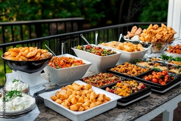 Fototapeta Lavish outdoor buffet with diverse dishes set against a serene green backdrop
