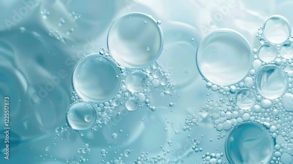 Fototapeta Light blue abstract background with oil circles and water bubbles macro view.