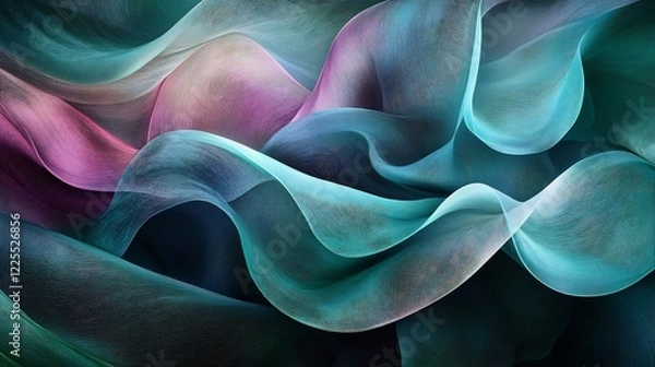Fototapeta Fluid Teal Purple Fabric Swirls Soft Light Abstract Background. AI Generated