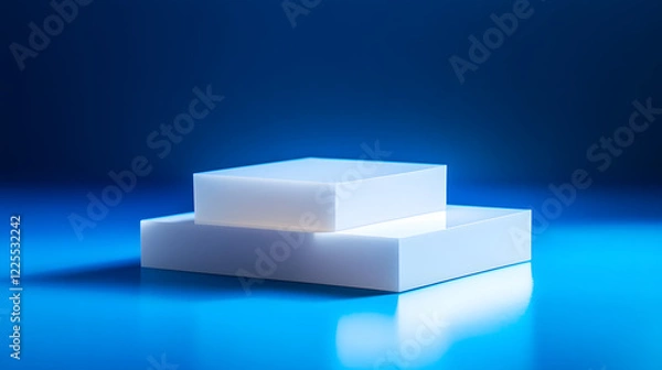 Obraz Square podiums are white. Abstract background. A stage for the demonstration of cosmetics. Podium for the award, consisting of three 3 square figures of different sizes on a blue background. Showcase