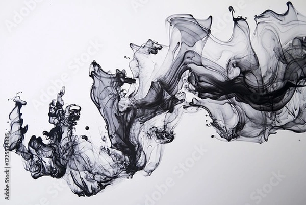Fototapeta Abstract black ink swirling gracefully on a white canvas, creating a dynamic and artistic flow
