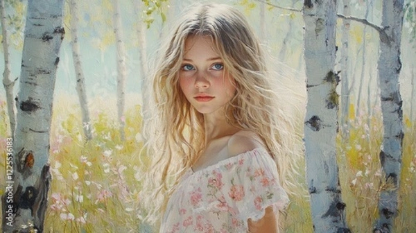 Fototapeta Beautiful young woman with wavy hair in a birch grove during summer, surrounded by blooming flowers and soft natural light.