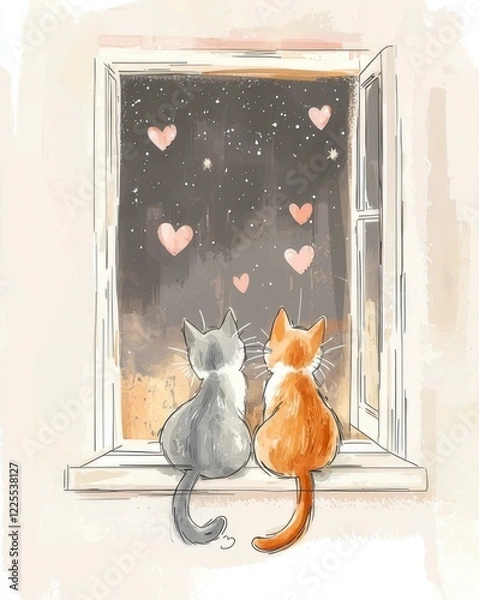 Fototapeta Romantic Cats Watching the Night Sky Filled with Hearts