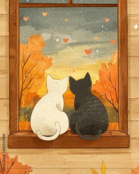 Fototapeta Cozy Autumn Evening with Cats by the Window