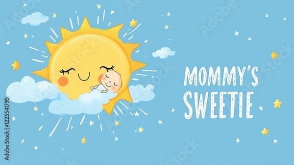 Fototapeta Vector art of a cute sun holding a baby in the sky, with the text MOMMY'S SWEETIE on a simple background in a cute style, a clipart design for a t-shirt print on a blue background.