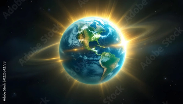 Fototapeta Digital painting of Earth and sun alignment, rich blue and green tones with golden sunlight glow, dramatic cosmic scene against deep space background, awe-inspiring and mystical mood