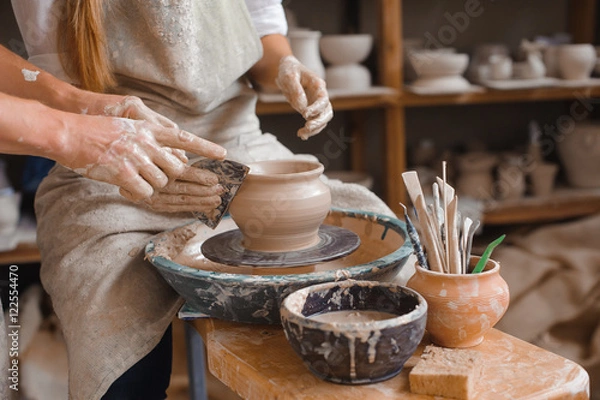 Fototapeta Potter teaches how make clay pot