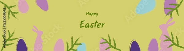 Fototapeta Happy Easter, Happy Easter banner, eggs and bunny in pastel colors, modern minimal style, horizontal poster, greeting card, header for website, template 