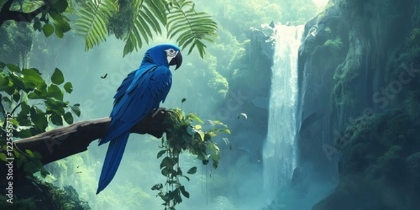 Fototapeta Blue macaw perched on branch overlooking majestic waterfall in lush rainforest, vibrant foliage and misty atmosphere create serene natural scene
