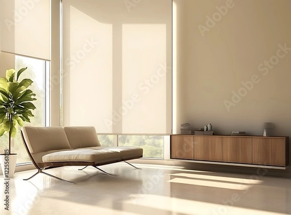 Fototapeta Modern beige and brown living room, designed in a minimalistic aesthetic, with a sofa and armchair near a chic wooden cabinet, polished floor, high-resolution 3D rendering