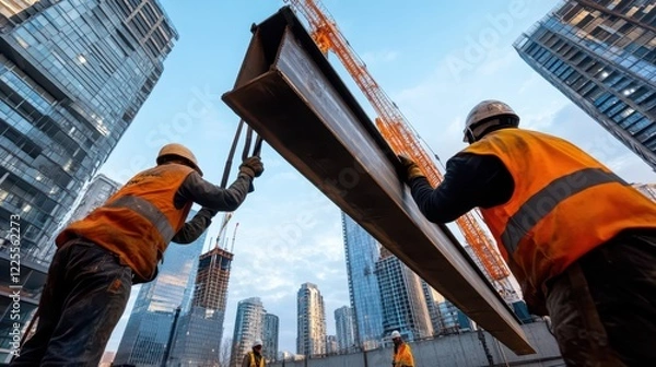Obraz Construction workers operating crane and lifting steel beam at building site during daylight