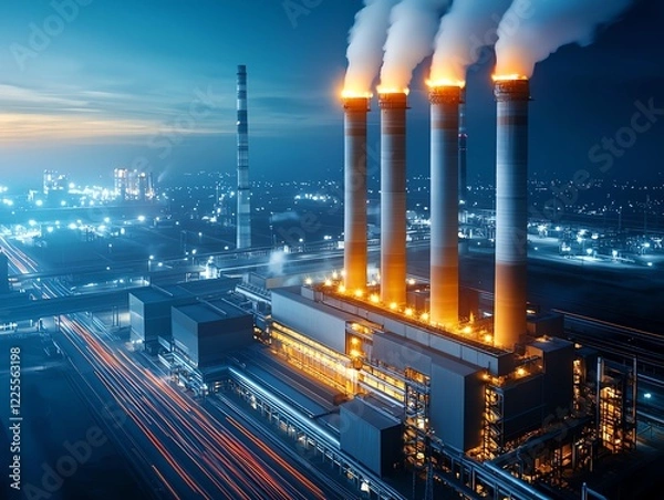 Fototapeta A striking night view of a power plant with glowing smokestacks against a darkening sky, illustrating the blend of technology and nature in modern industry.