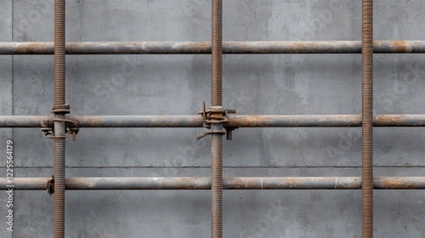 Obraz Rusty metal bars and steel beam scaffolding at a construction site on a rough wall
