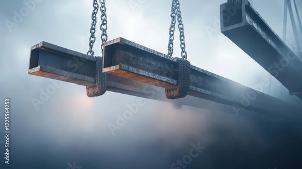Obraz Crane lifting steel beams at construction site with dust and smoke