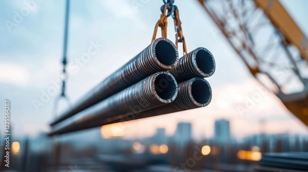 Obraz Crane lifting steel beams and pipes at construction site during daytime work operations
