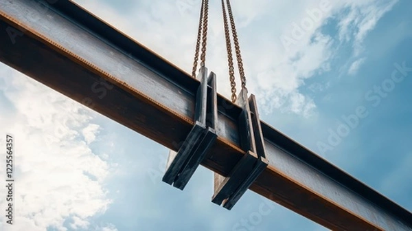 Obraz Crane lifting steel beams at construction site with chains and heavy machinery in operation