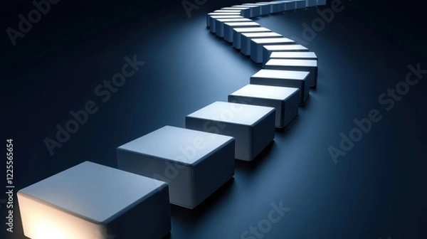 Fototapeta Futuristic Concept of Goal Setting Represented by Linear Path of Illuminated Blocks in a Dark Environment