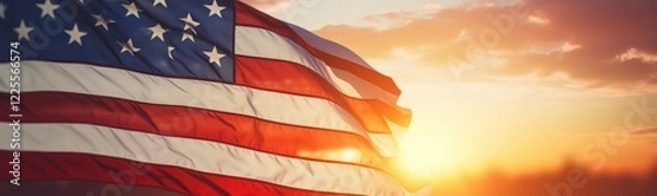 Obraz The American flag waves proudly against a backdrop of a stunning sunset, filling the sky with warm hues while illuminating the surrounding landscape.