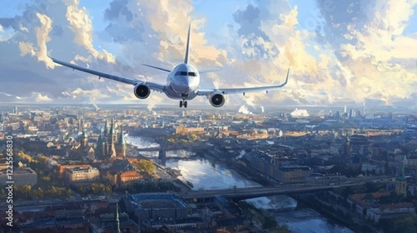 Fototapeta On October 10th, 2020, a plane soared through the azure skies over Riga, Latvia.