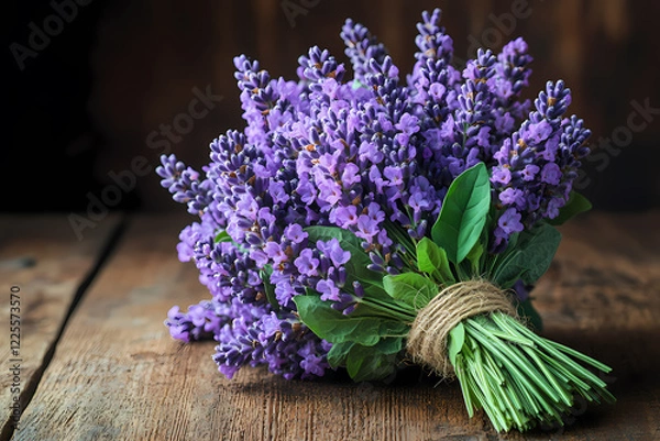 Fototapeta A beautiful lavender bouquet tied with rustic twine on a wooden background, perfect for rustic and floral-themed designs